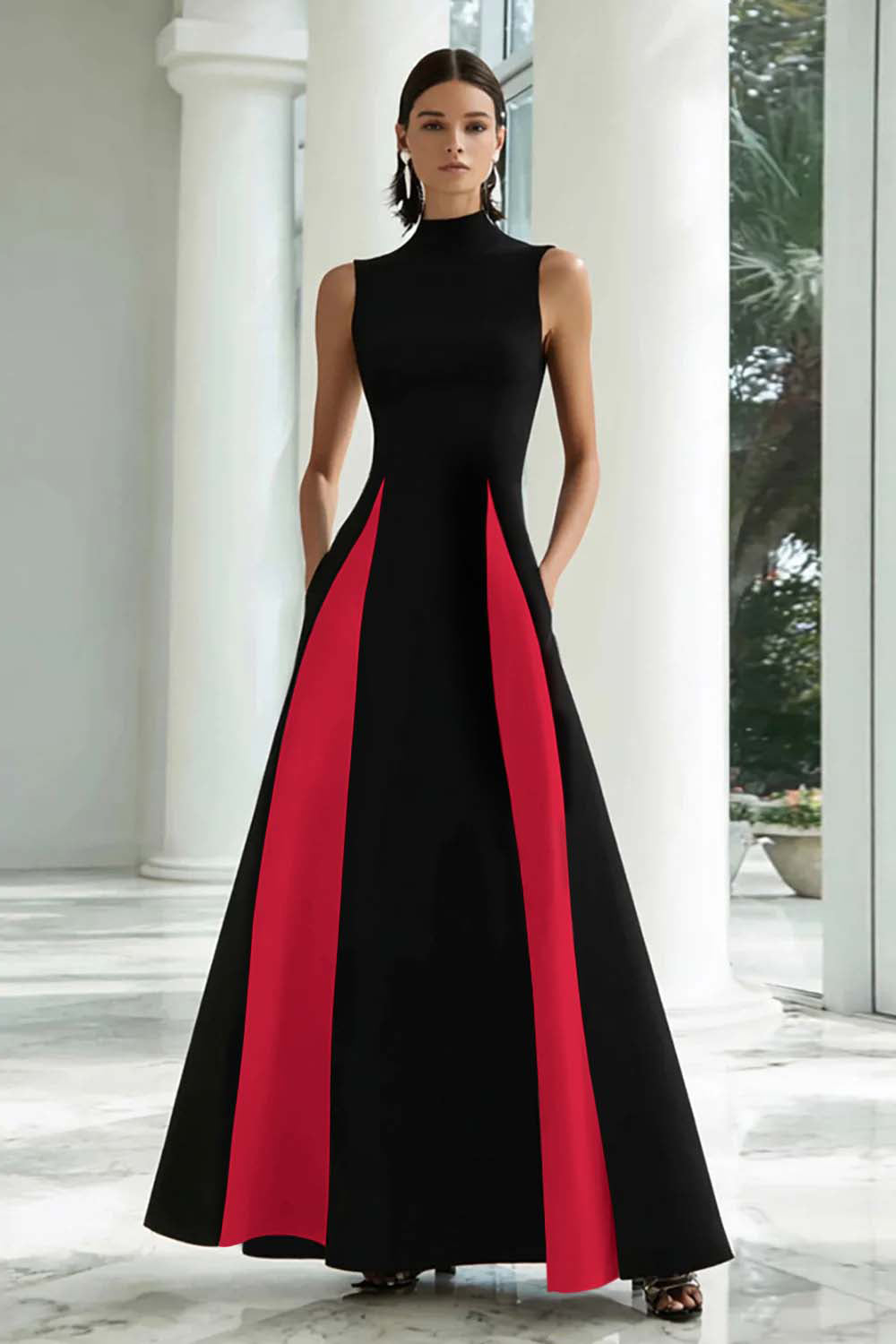 Berylove Women Black and White Formal Dress A-Line High Neck Maxi Evening Dress, Black and Burgundy / US16 Berylove Women Black and White Formal Dress A-Line High Neck Maxi Evening Dress, Black and Burgundy / US16