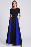 Black and White A Line Short Sleeve Maxi Formal Dress