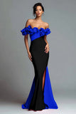 Off The Shoulder Black and Red Mermaid Evening Dress With Ruffles