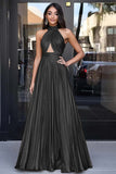 Gold Halter Neck A-Line Metallic Cut-Out Pleated Long Prom Dress