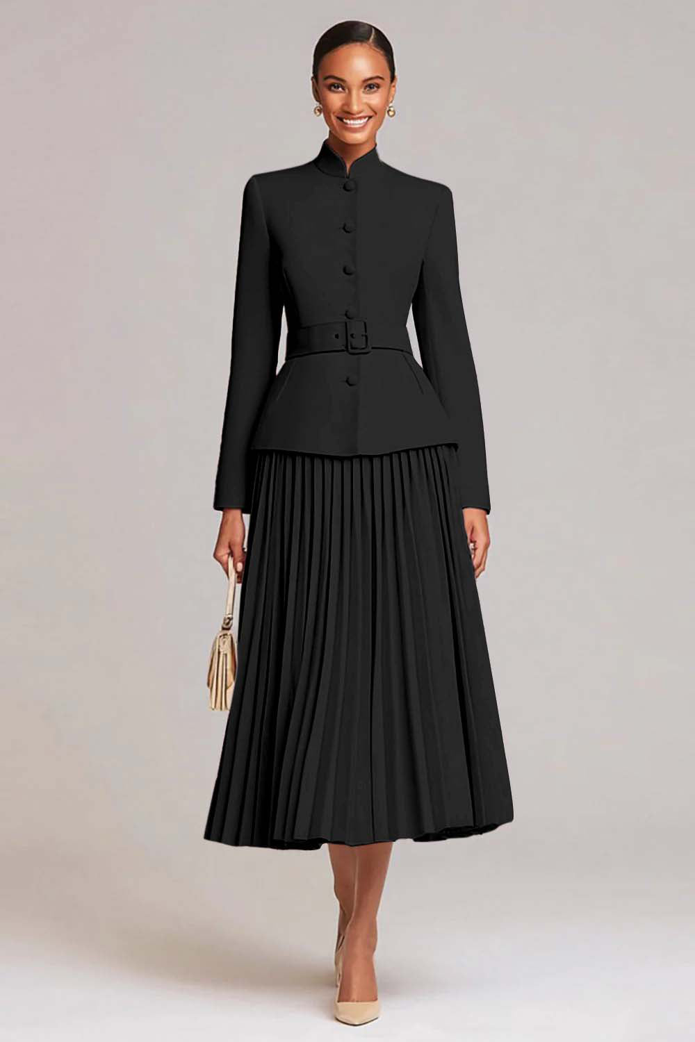 Berylove Women Light Pink 2 Piece Work Dress Pleated A-Line Single Breasted Business Casual Dress With Belt, Black / 3XL Berylove Women Light Pink 2 Piece Work Dress Pleated A-Line Single Breasted Business Casual Dress With Belt, Black / 3XL