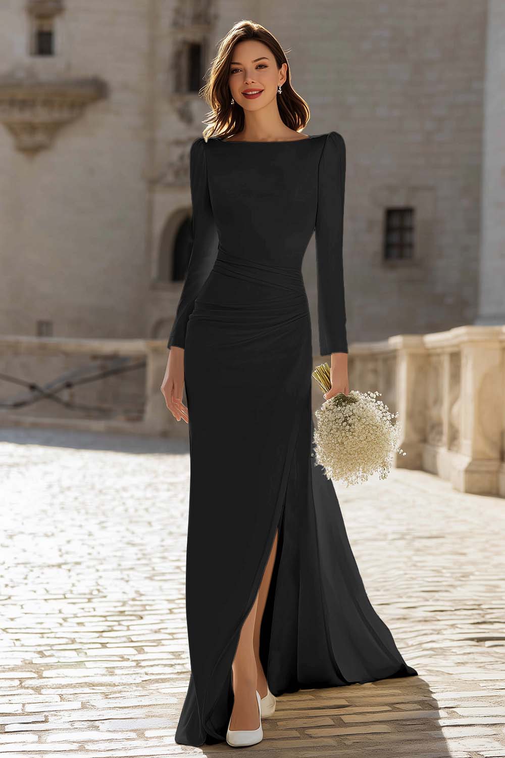Berylove Women Simple Ivory Long Sleeve Wedding Dress Ruched Sheath Bateau Neck Engagement Dress With Slit, Black / US10 Berylove Women Simple Ivory Long Sleeve Wedding Dress Ruched Sheath Bateau Neck Engagement Dress With Slit, Black / US10