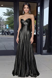 Gold Sweetheart Metallic A-Line Pleated Long Prom Dress