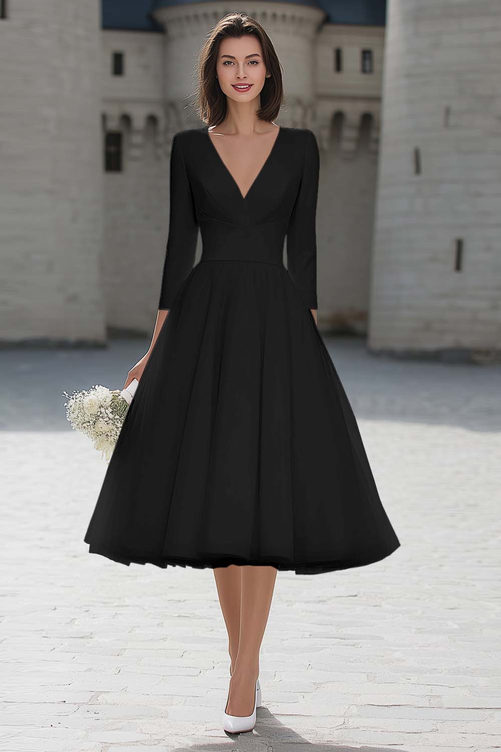 Berylove Women Ivory A-Line Engagement Dress Satin V-Neck Midi Bridal Shower Dress with 3/4 Sleeves, Black / Custom Berylove Women Ivory A-Line Engagement Dress Satin V-Neck Midi Bridal Shower Dress with 3/4 Sleeves, Black / Custom