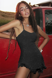 Sparkly White A Line Spaghetti Straps Mini Dress with Tassels