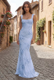 Mermaid Yellow Pearled Appliqued Square Neck Prom Dress