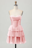 Fuchsia Corset Tiered A Line Strapless Homecoming Dress
