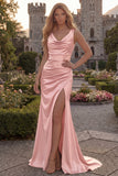 Cowl Neck Mermaid Burgundy Satin Prom Dress with Slit