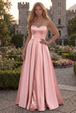 Strapless A Line Satin Fuchsia Maxi Prom Dress