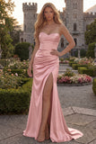 Strapless Burgundy Mermaid Satin Ruched Maxi Prom Dress