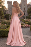 Strapless A Line Satin Fuchsia Maxi Prom Dress