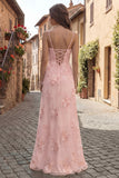 A Line Yellow Appliqued Maxi Prom Dress