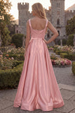 Blush A Line Square Neck Satin Prom Dress with Pearls