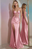 Corset Appliqued Mermaid Golden Prom Dress With Slit