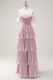 Eucalyptus Tiered A Line Pleated Off the Shoulder Bridesmaid Dress