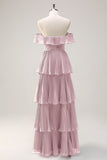 Eucalyptus Tiered A Line Pleated Off the Shoulder Bridesmaid Dress