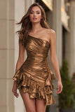 One Shoulder Ruched Metallic Gold Homecoming Dress With Ruffles
