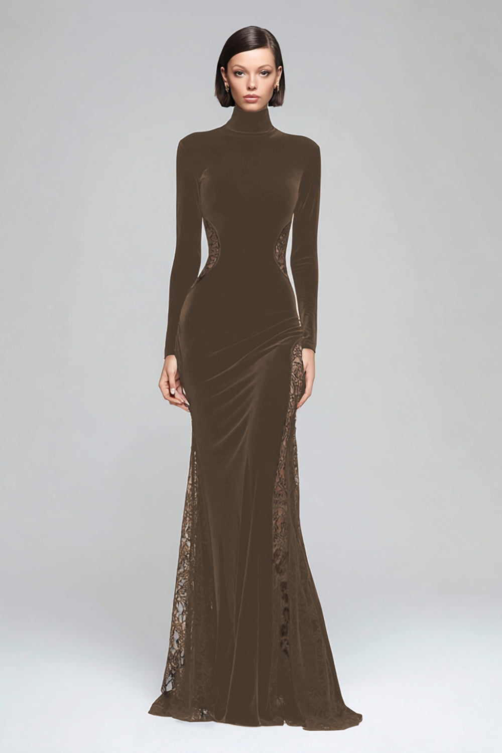 Berylove Women Mermaid Black Tie Dress Velvet High Neck Long Sleeve Maxi Evening Dress With Lace