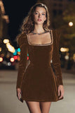 Black Long Sleeve Square Neck Velvet Cocktail Dress with Beading