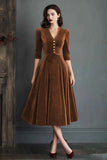 Burgundy Velvet A-Line V-Neck Midi Dress with Half Sleeves