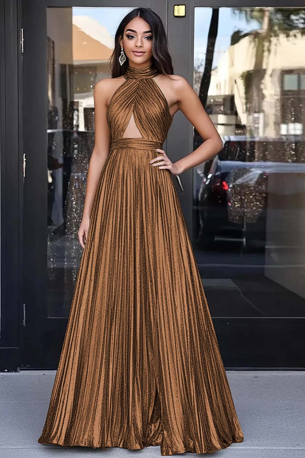 Berylove Women Gold Prom Dress Halter Neck A-Line Metallic Cut-Out Long Formal Dress Berylove Women Gold Prom Dress Halter Neck A-Line Metallic Cut-Out Long Formal Dress