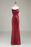 Dusty Blue Sheath Cowl Neck Satin Maxi Dress with Slit