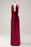 Sage Sheath Spaghetti Straps Slit Bridesmaid Dress with Ribbon