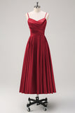 Navy Spaghetti Straps Ruched A Line Tea Length Dress
