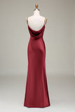 Dusty Blue Sheath Cowl Neck Satin Maxi Dress with Slit
