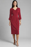 Navy V-Neck Sheath Midi Dress with 3/4 Sleeves