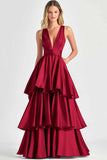 Tiered V Neck Fuchsia A Line Formal Dress