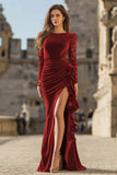 Velvet Mermaid Caramel Lace Long Sleeve Formal Dress With Slit