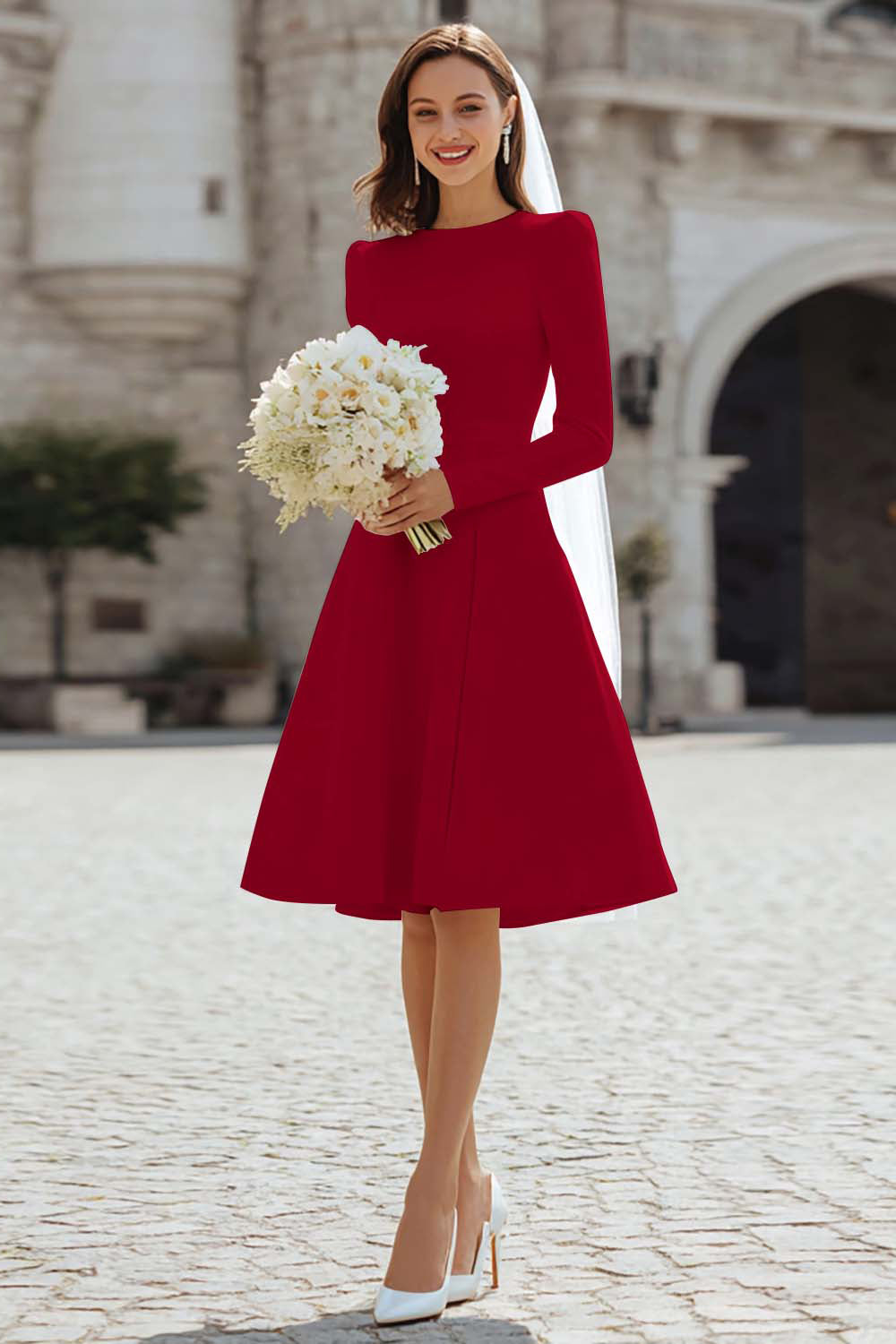 Berylove Women Ivory A-Line Engagement Dress Long Sleeve Bateau Neck Mini Bridal Shower Dress, Burgundy / US10 Berylove Women Ivory A-Line Engagement Dress Long Sleeve Bateau Neck Mini Bridal Shower Dress, Burgundy / US10