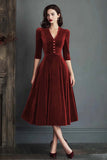 Burgundy Velvet A-Line V-Neck Midi Dress with Half Sleeves