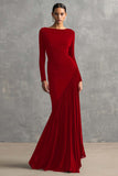Black Pleated Mermaid Bateau Neck Formal Dress with Long Sleeves