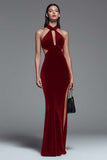Dark Green Halter Mermaid Cut Out Velvet Formal Dress With Slit
