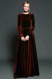 Dark Purple A Line Velvet Long Sleeve Formal Dress