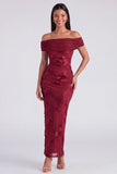 Blue Off the Shoulder Appliqued Bodycon Wedding Guest Dress