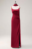 Sage Sheath Spaghetti Straps Slit Bridesmaid Dress with Ribbon
