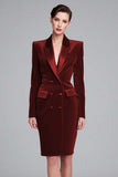Velvet Red Peak Lapel Pencil Work Dress