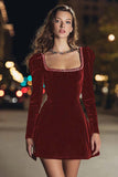 Black Long Sleeve Square Neck Velvet Cocktail Dress with Beading
