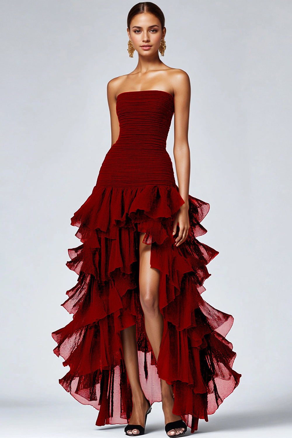 Berylove Women Black Formal Dress with Slit Strapless Tiered Ruffled Formal Wear Dress Berylove Women Black Formal Dress with Slit Strapless Tiered Ruffled Formal Wear Dress