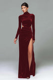 Black Velvet Cut Out High Neck Long Sleeve Formal Dress with Slit