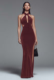 Dark Green Halter Mermaid Cut Out Velvet Formal Dress With Slit