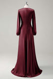 Eucalyptus Satin Round Neck Modest Bridesmaid Dress with Long Sleeves