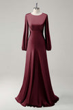 Eucalyptus Satin Round Neck Modest Bridesmaid Dress with Long Sleeves