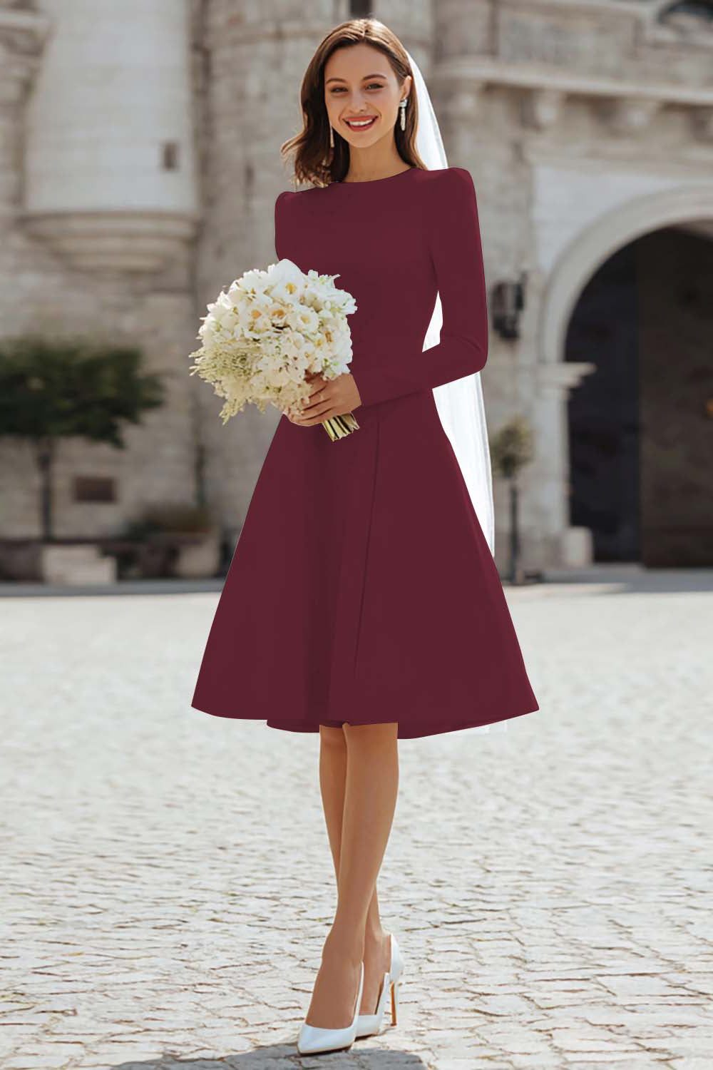 Berylove Women Ivory A-Line Engagement Dress Long Sleeve Bateau Neck Mini Bridal Shower Dress, Cabernet / US20W Berylove Women Ivory A-Line Engagement Dress Long Sleeve Bateau Neck Mini Bridal Shower Dress, Cabernet / US20W