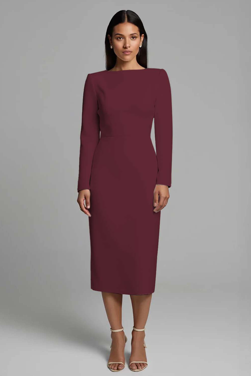 long sleeve wear to work dresses Work Dress Blue Crew Neck A-Line Long Sleeve Midi Dress-chiclody