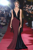 Mermaid Black&White Deep V Neck Long Gala Dress