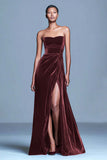 Burgundy Strapless Velvet A Line Formal Dress with Slit